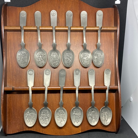 Vintage American Colonies Pewter Spoon Collection with Wooden Display Shelf